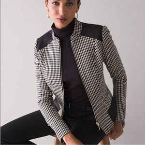 White House Black Market Black, White and Beige Houndstooth Zip Jacket